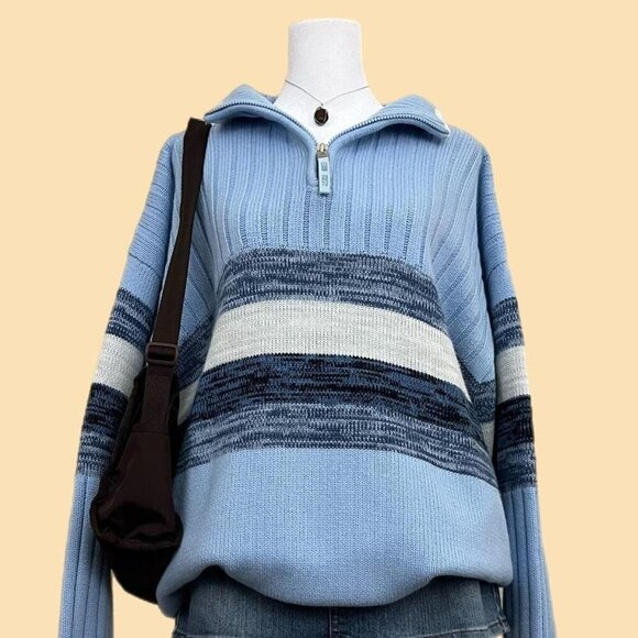 baby blue striped y2k Southpole chunky knit quarter zip sweater - Picture 1 of 8